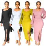 elegant-bishop-sleeve-dress-front-slit